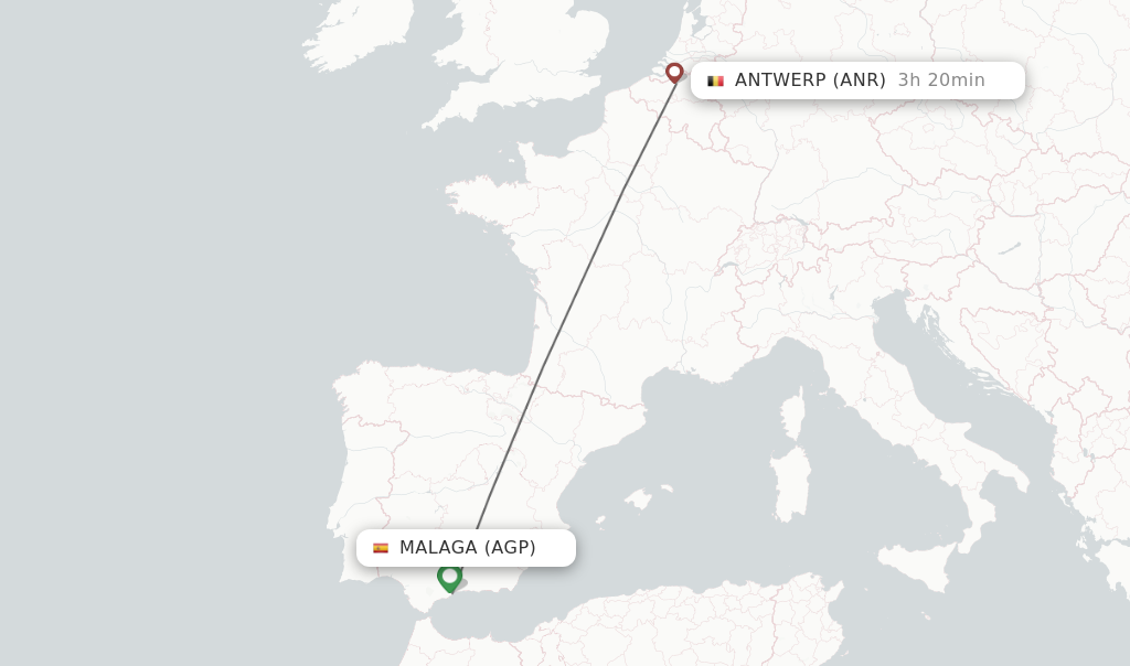 Flights from Malaga to Antwerp route map