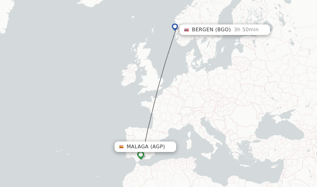 Flights from Malaga to Bergen route map