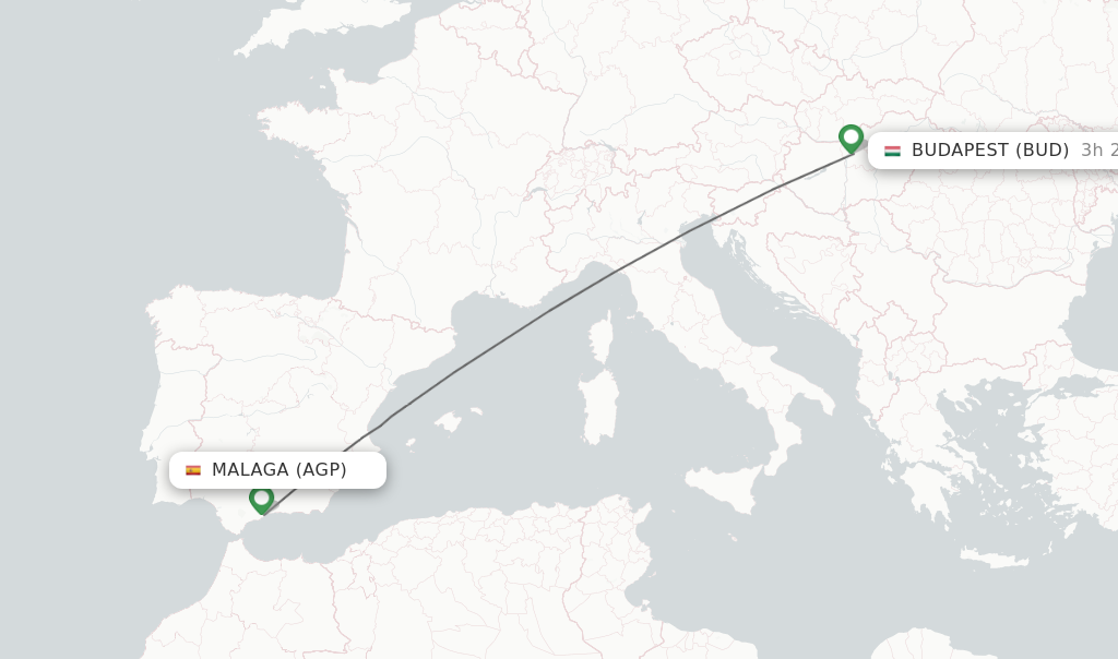 Flights from Malaga to Budapest route map