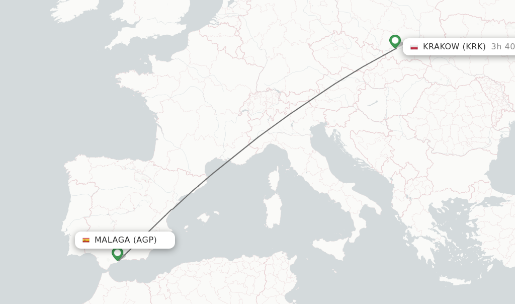 Flights from Malaga to Krakow route map
