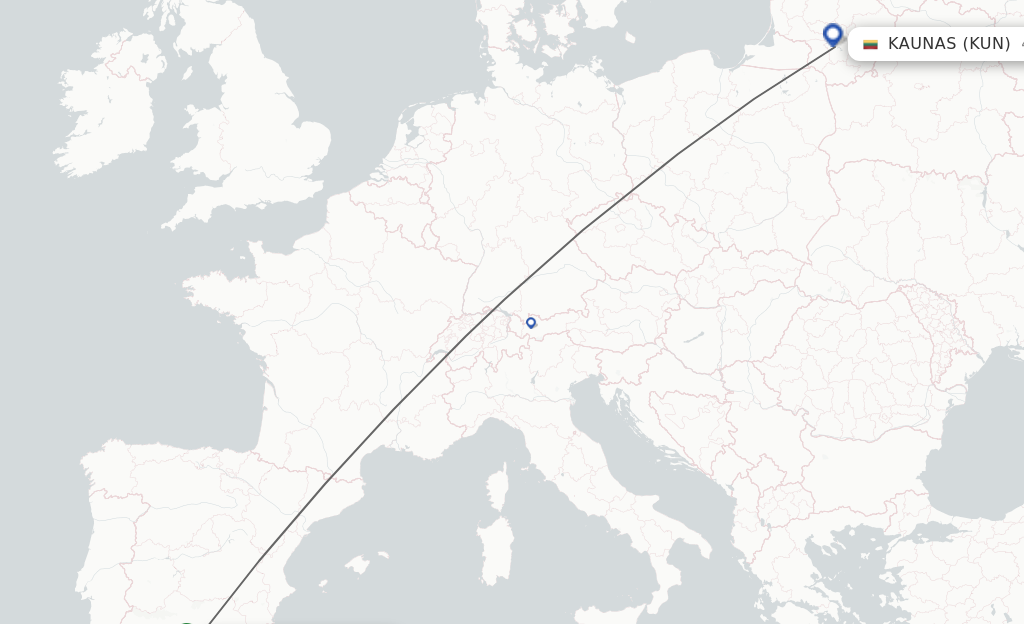 Flights from Malaga to Kaunas route map
