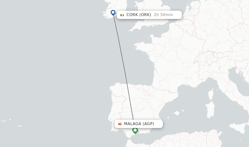 Flights from Malaga to Cork route map