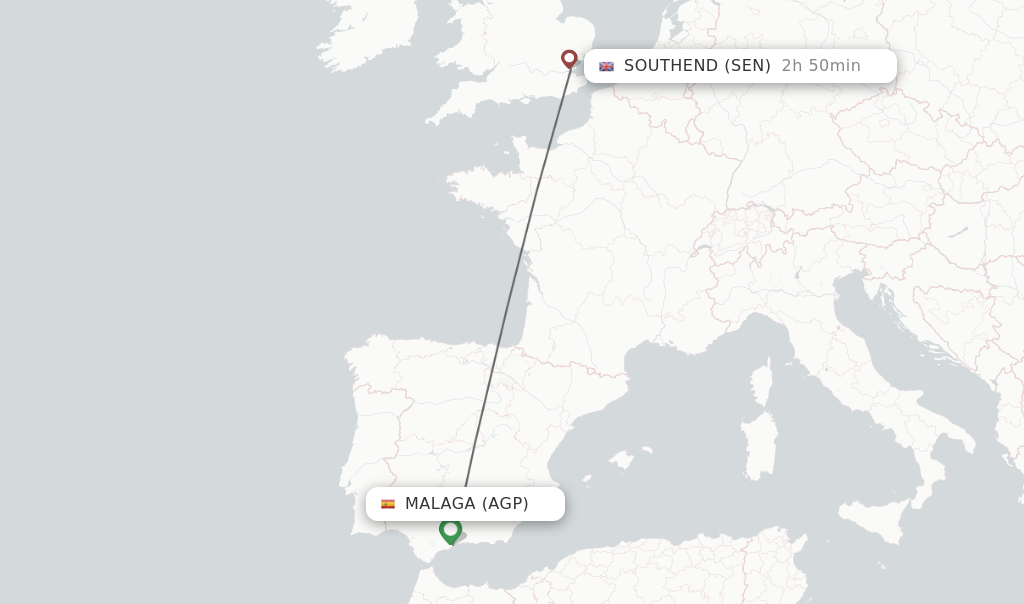 Flights from Malaga to Southend route map