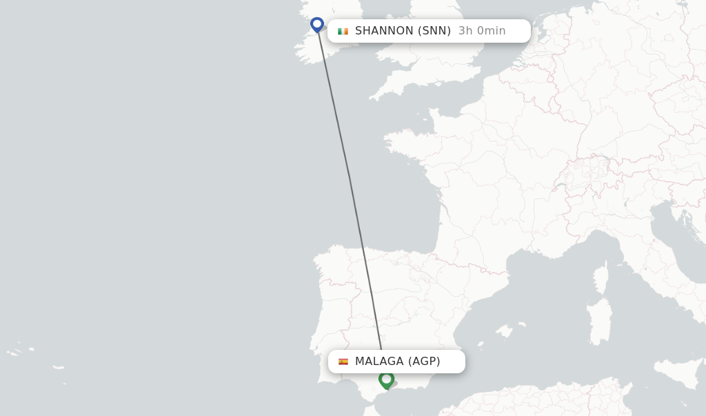 Flights from Malaga to Shannon route map