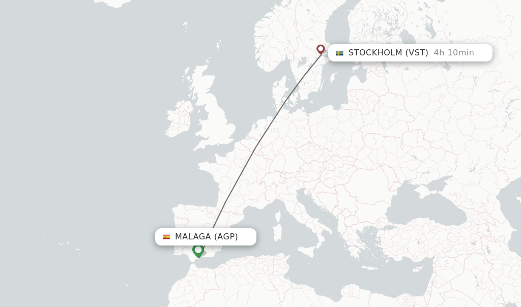 Flights from Malaga to Stockholm route map