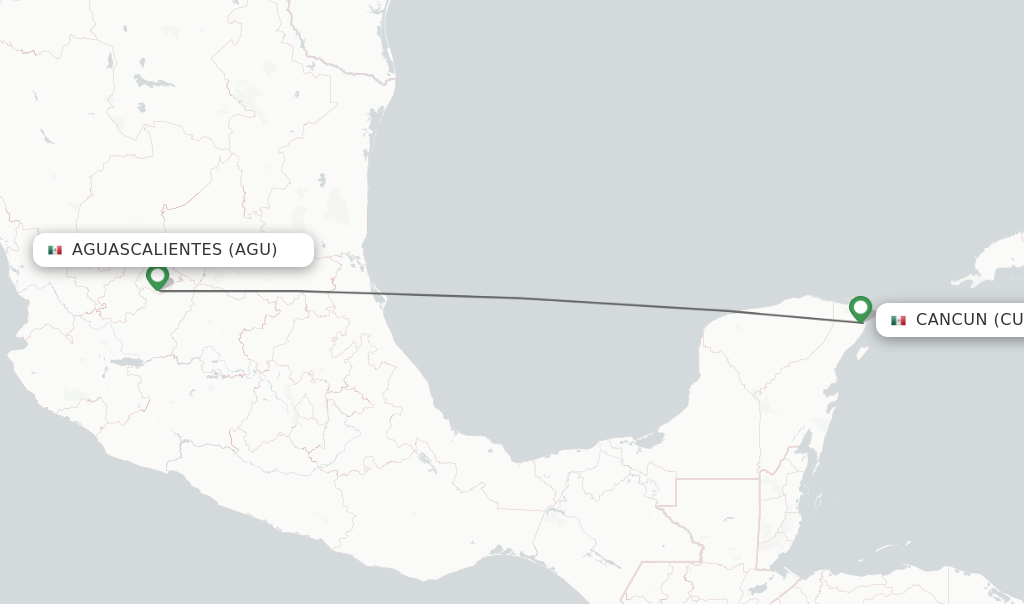 Flights from Aguascalientes to Cancun route map