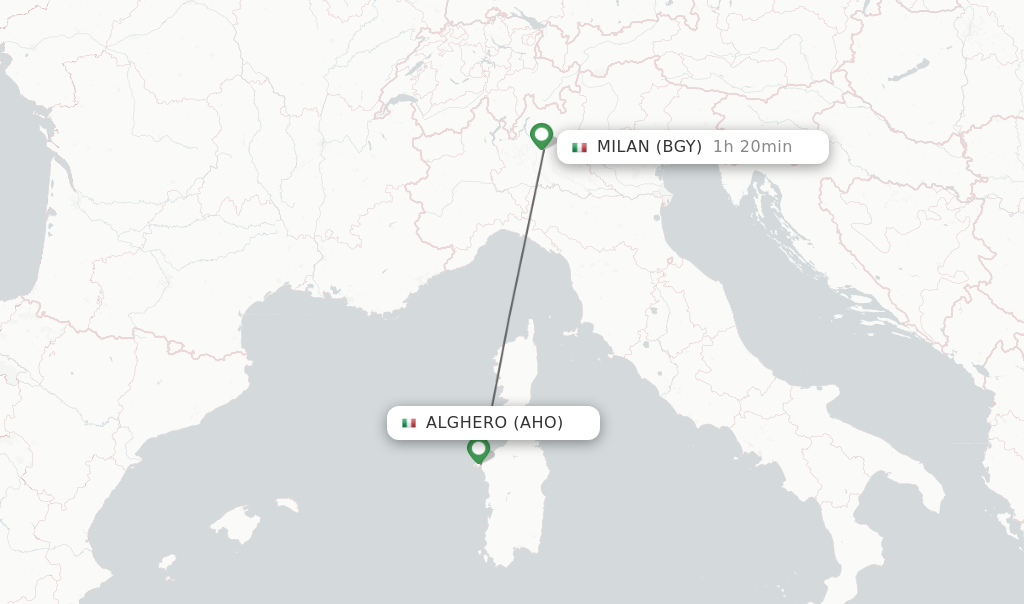 Flights from Alghero to Milan route map