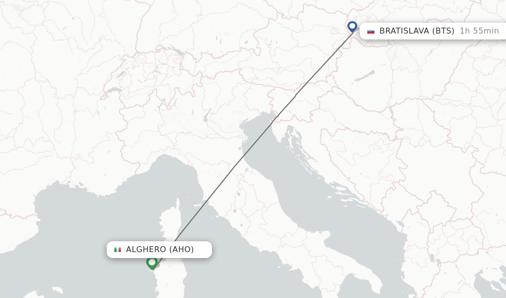 Flights from Alghero to Bratislava route map
