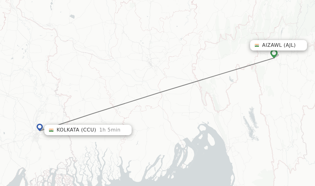 Flights from Aizawl to Kolkata route map