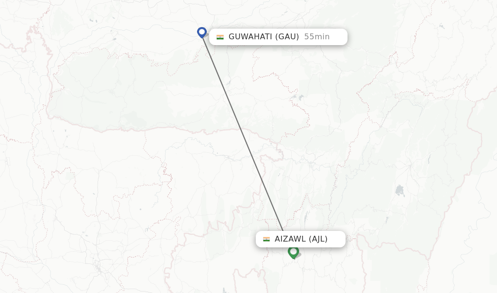 Flights from Aizawl to Guwahati route map