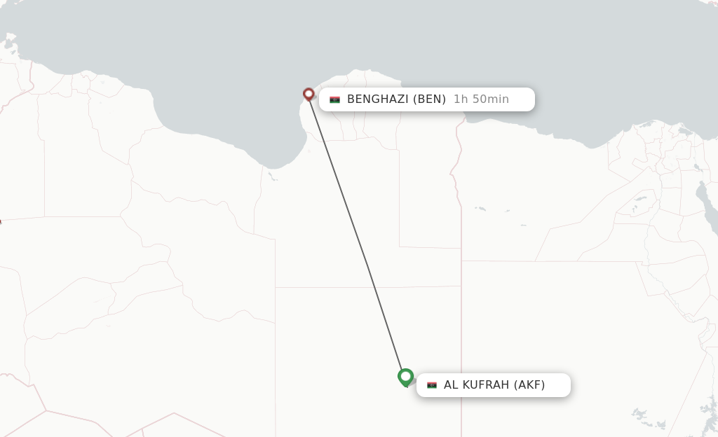 Flights from Kufra to Benghazi route map