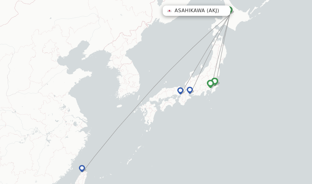 Flights from Asahikawa to Cheongju route map
