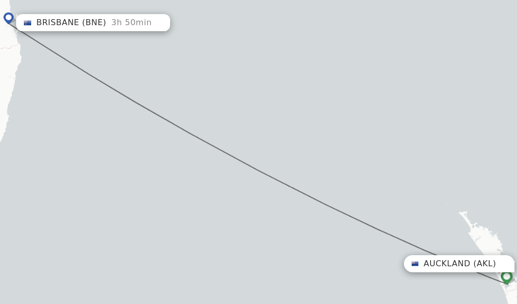 Flights from Auckland to Brisbane route map