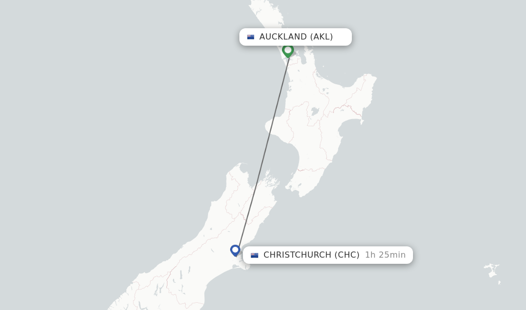 Flights from Auckland to Christchurch route map