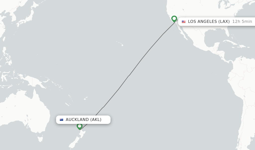 Flights from Auckland to Los Angeles route map