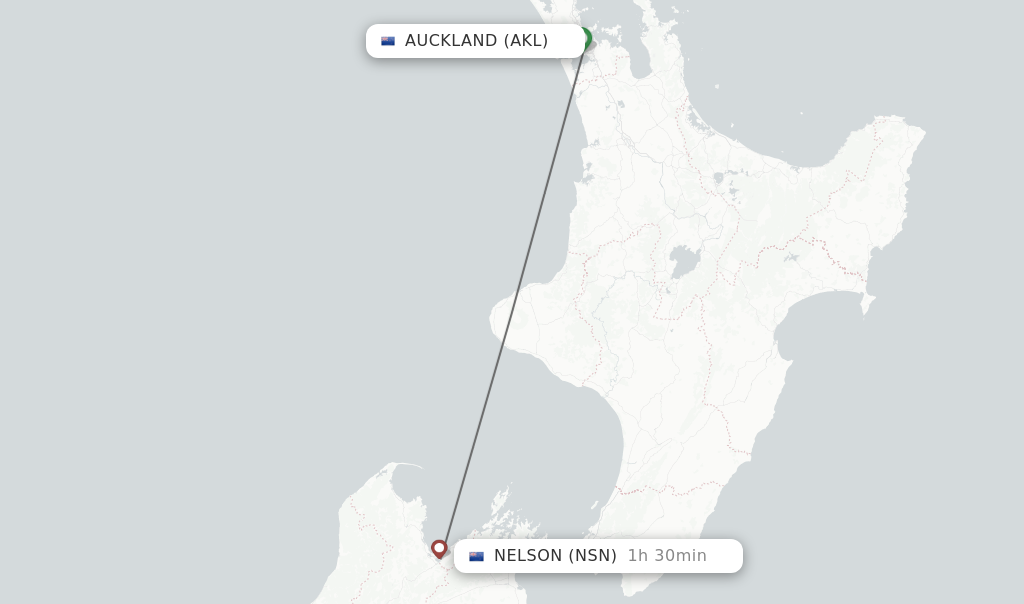 Flights from Auckland to Nelson route map