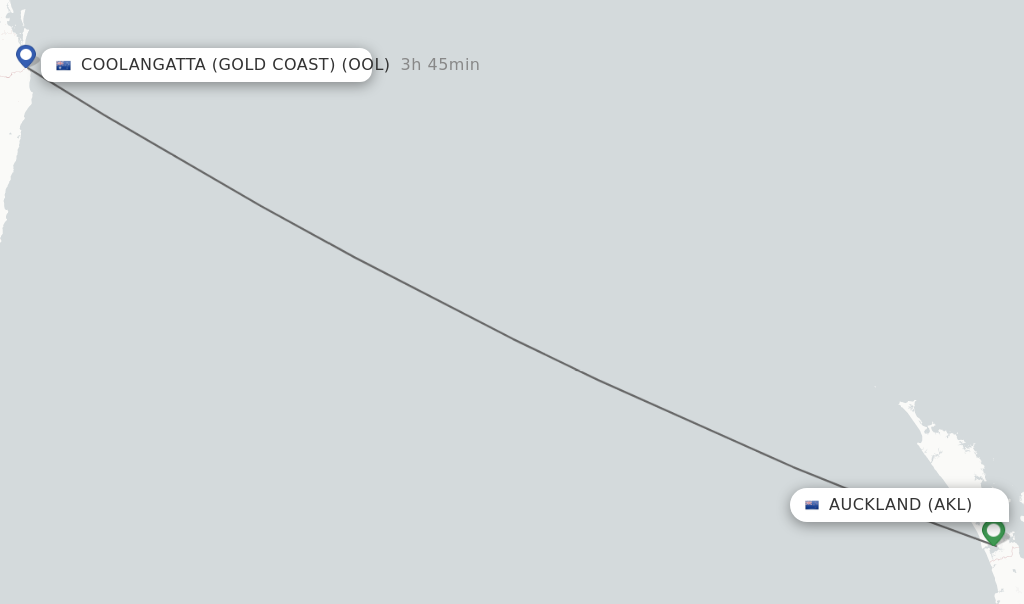 Flights from Auckland to Coolangatta (Gold Coast) route map