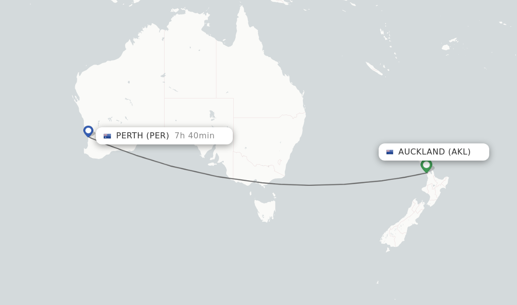 Flights from Auckland to Perth route map