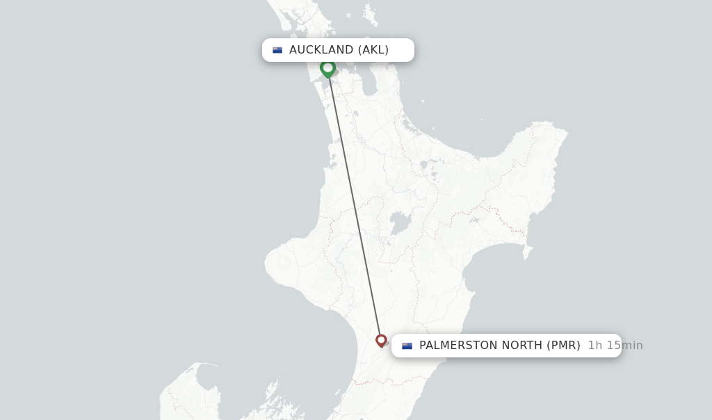 Flights from Auckland to Palmerston North route map