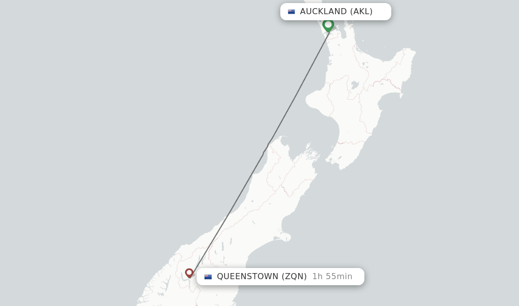 Flights from Auckland to Queenstown route map