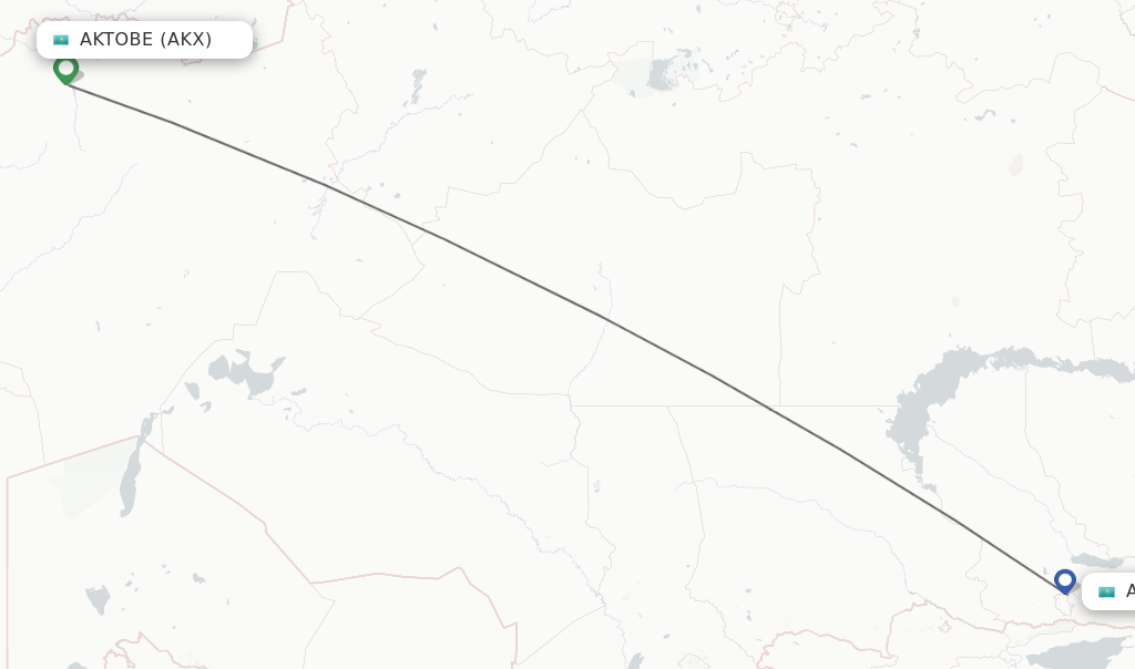 Flights from Aktobe to Almaty route map