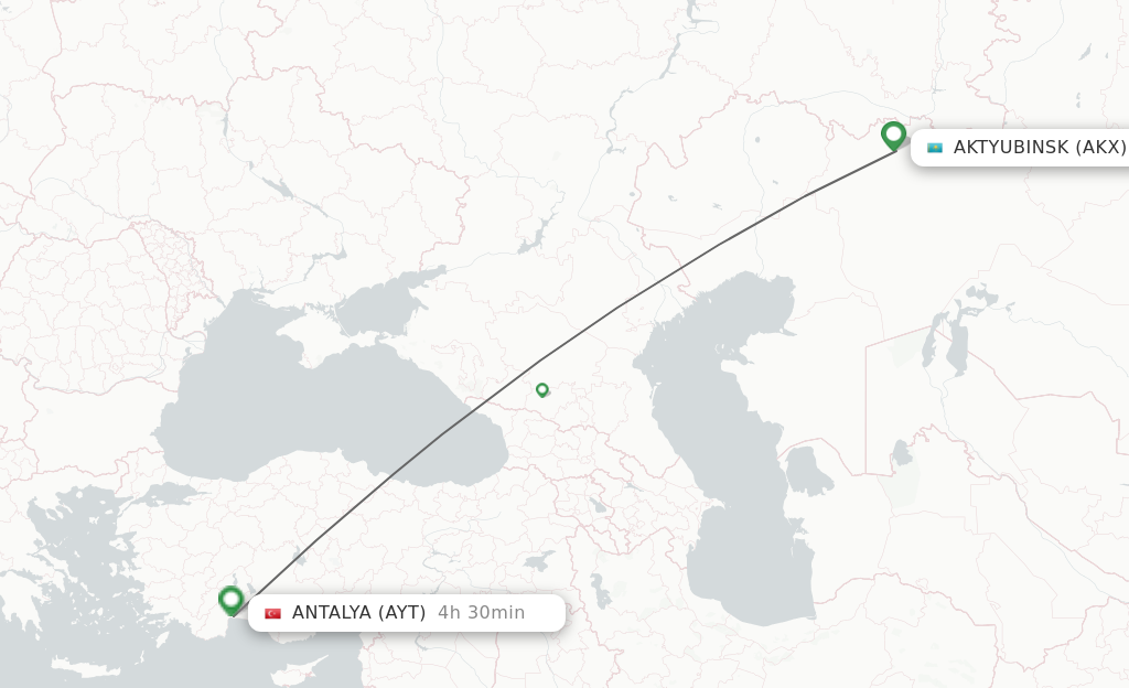 Flights from Aktobe to Antalya route map