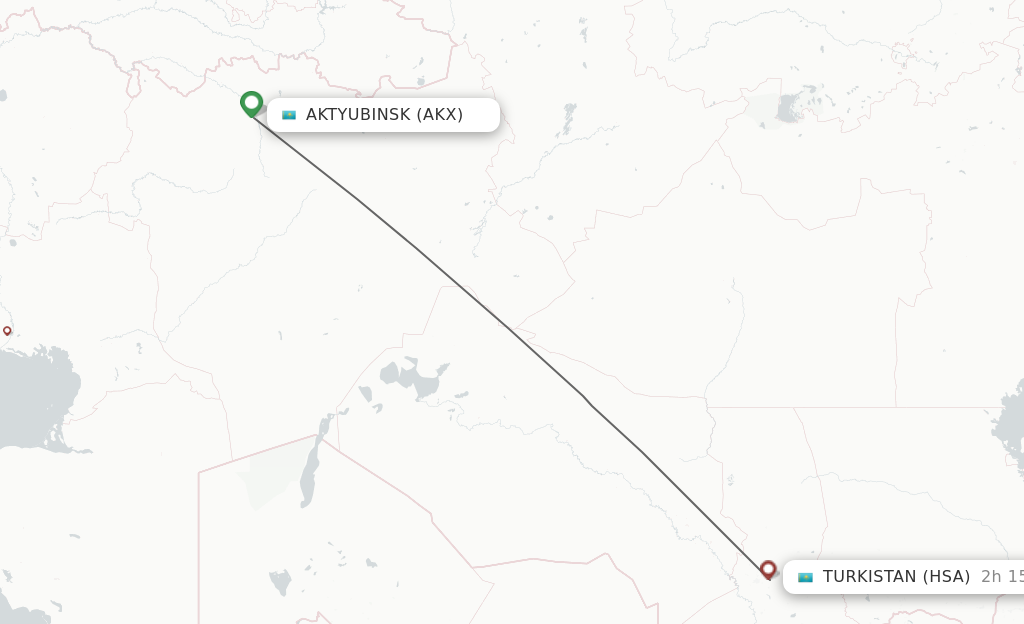 Flights from Aktobe to Turkistan route map