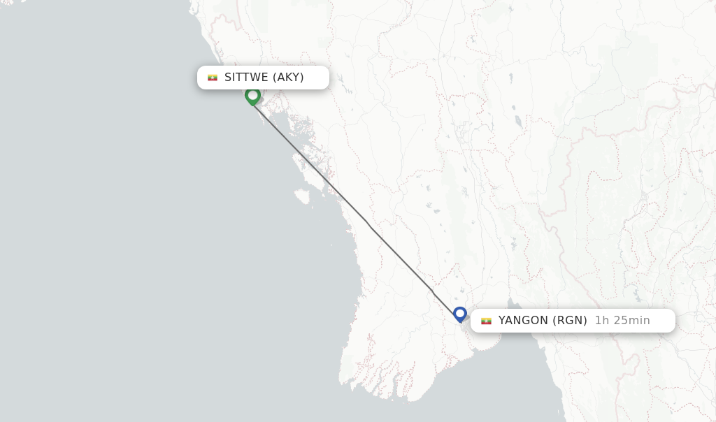 Flights from Sittwe to Yangon route map