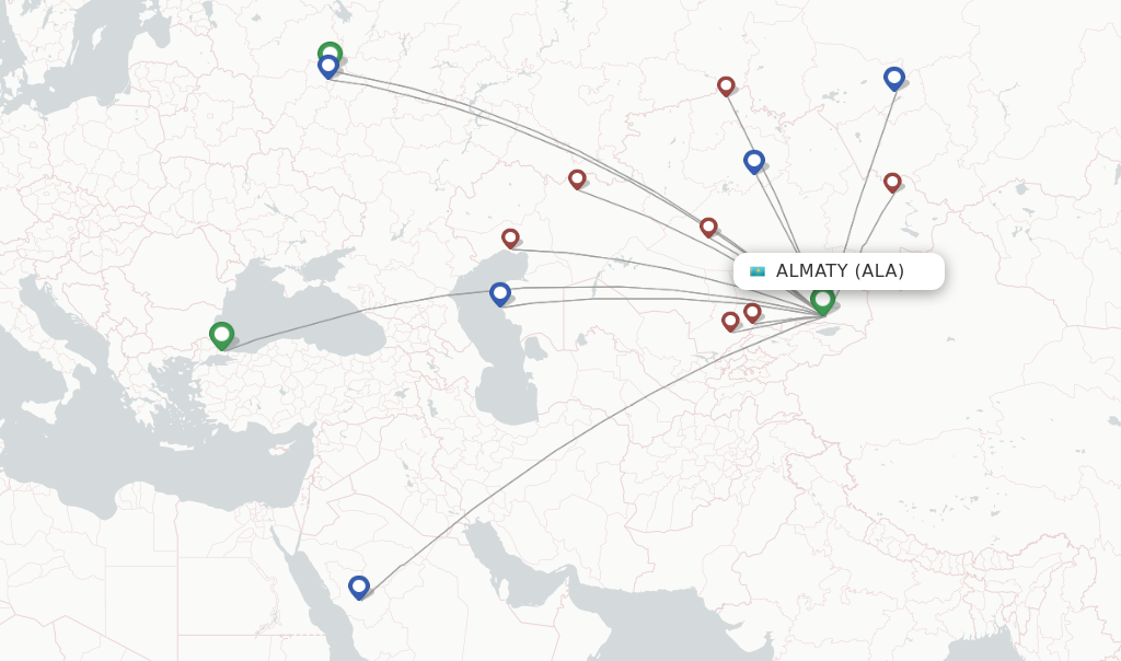 Route map with flights from Almaty with SCAT Airlines