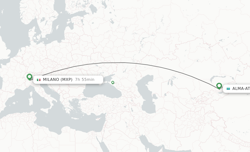 Flights from Almaty to Milan route map