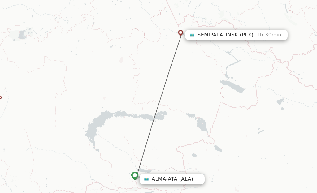 Flights from Almaty to Semipalatinsk route map