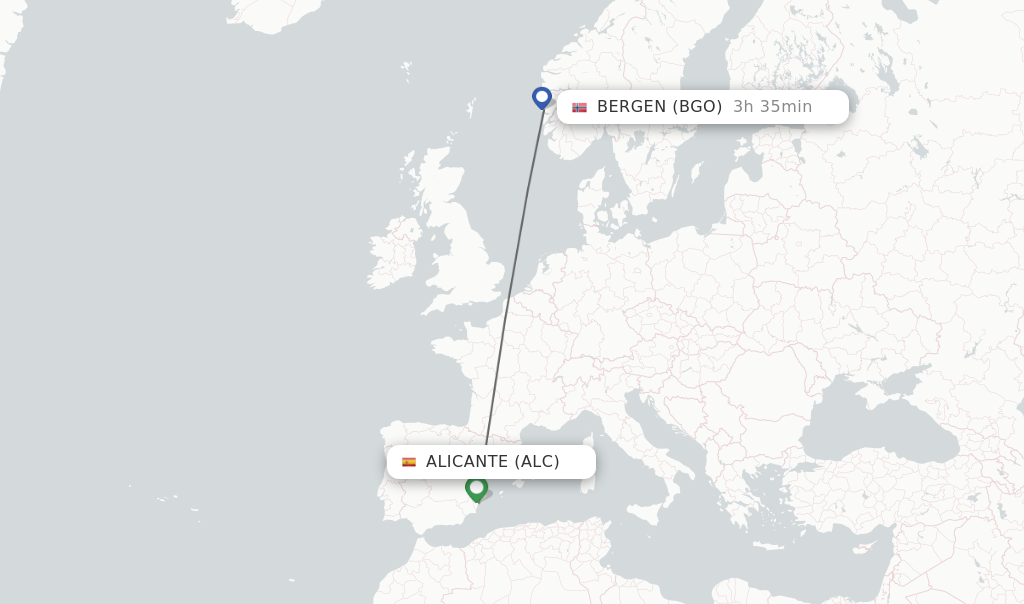 Flights from Alicante to Bergen route map