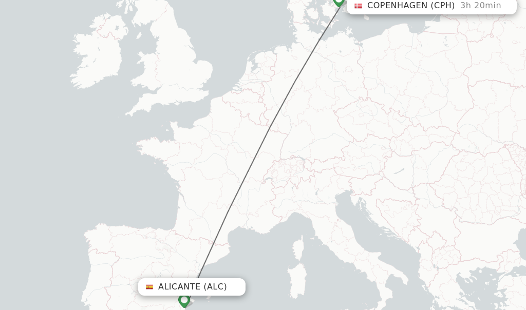 Flights from Alicante to Copenhagen route map