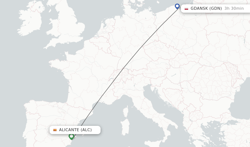 Flights from Alicante to Gdansk route map
