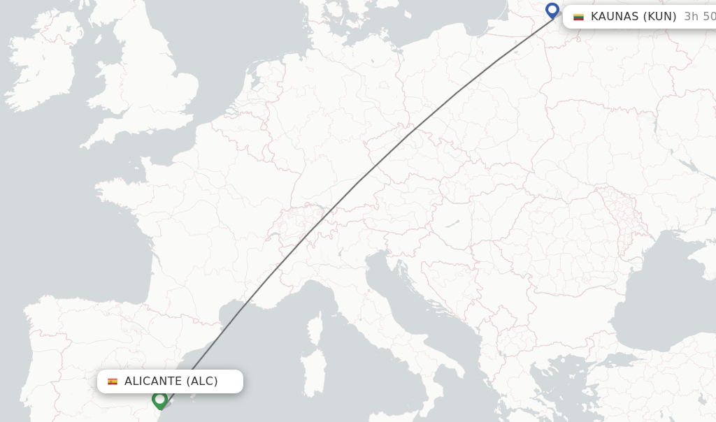 Flights from Alicante to Kaunas route map