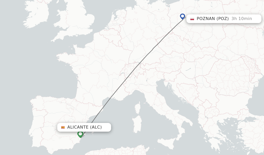 Flights from Alicante to Poznan route map