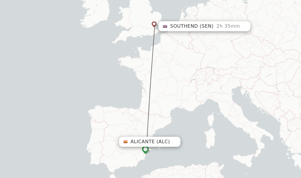 Flights from Alicante to Southend route map