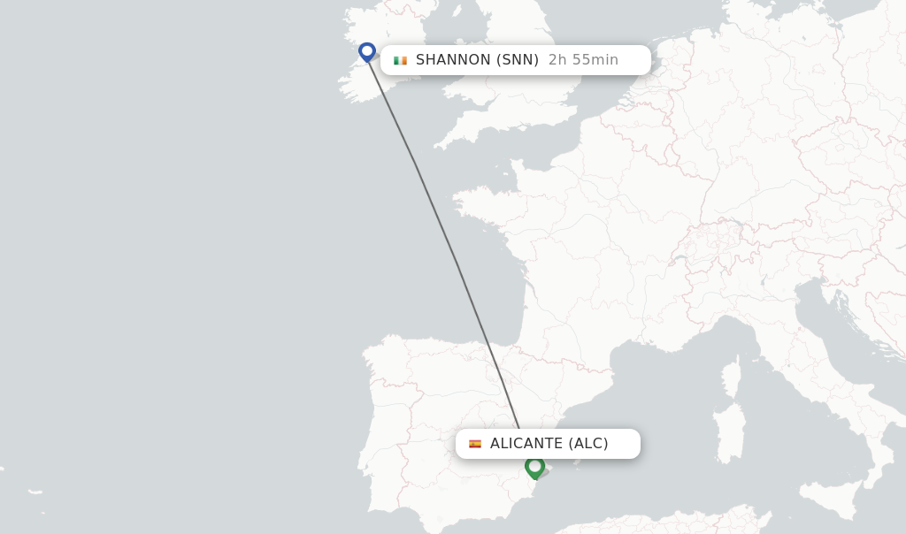 Flights from Alicante to Shannon route map