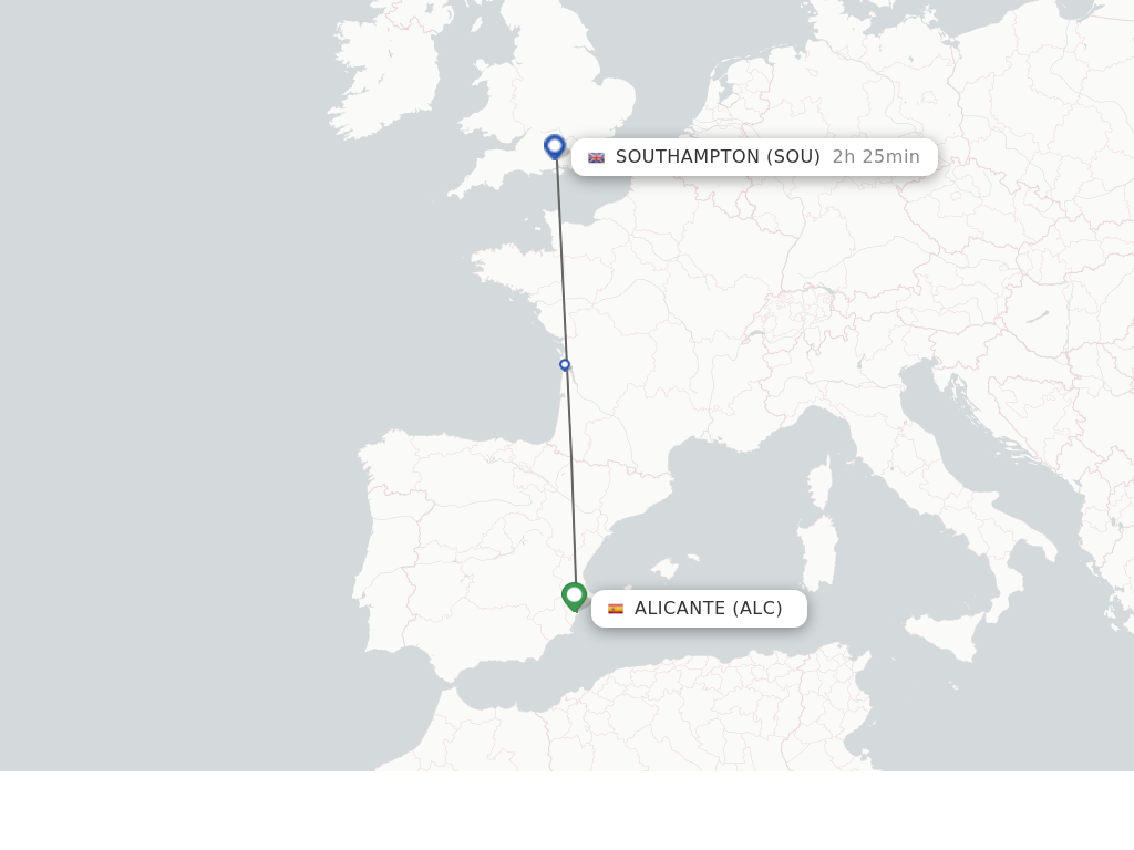 Flights from Alicante to Southampton route map