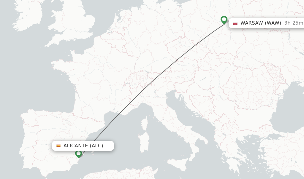 Flights from Alicante to Warsaw route map
