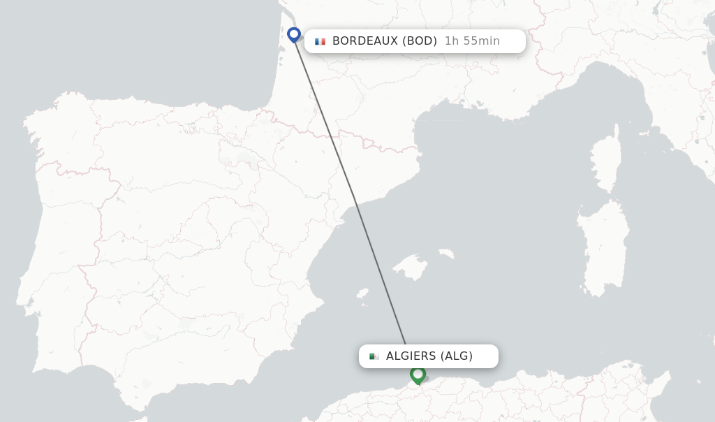 Flights from Algiers to Bordeaux route map
