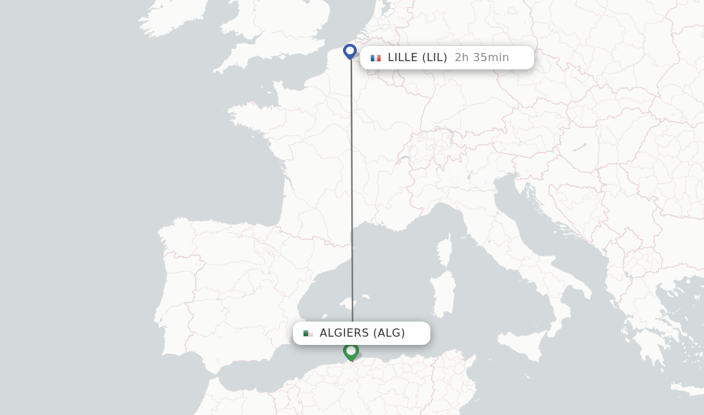 Flights from Algiers to Lille route map
