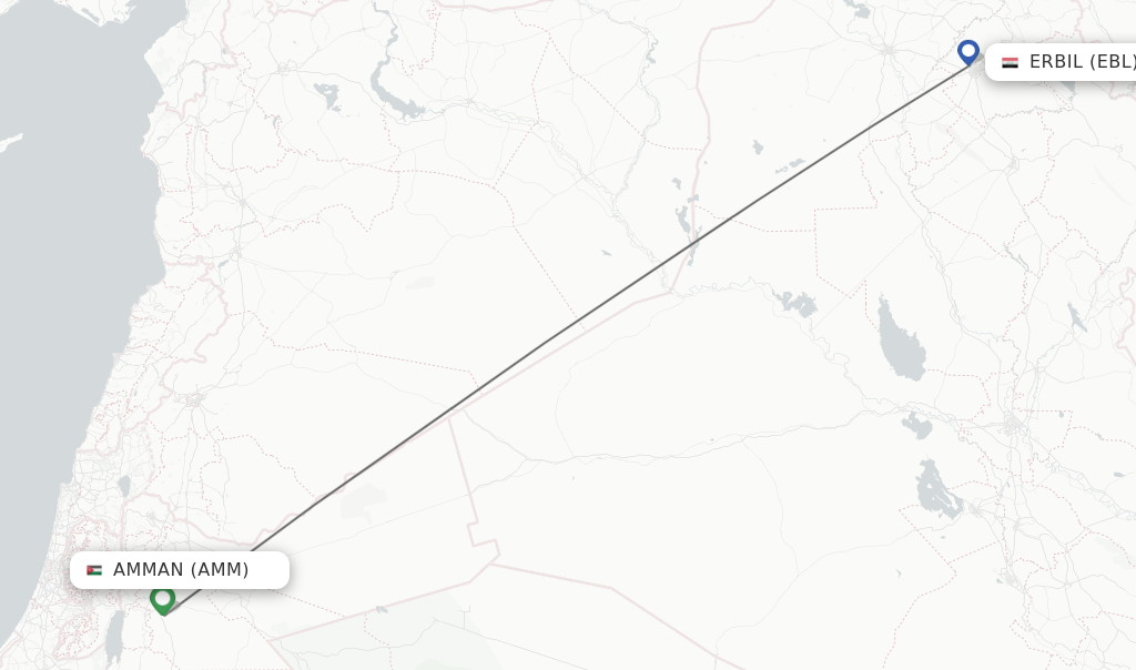Flights from Amman to Erbil route map