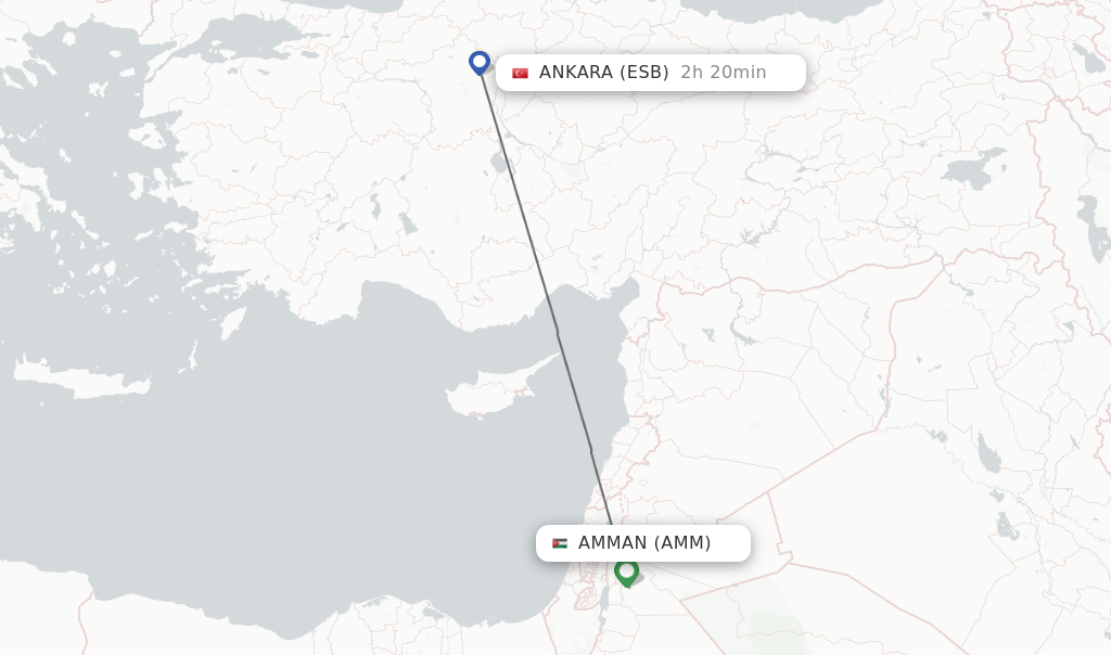 Flights from Amman to Ankara route map