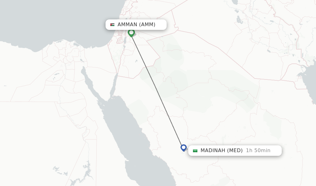 Flights from Amman to Madinah route map