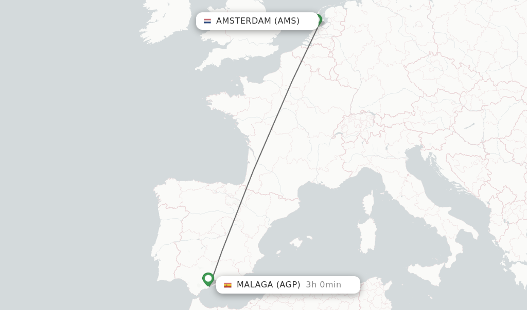 Flights from Amsterdam to Malaga route map