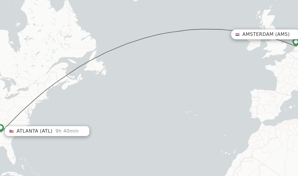Flights from Amsterdam to Atlanta route map