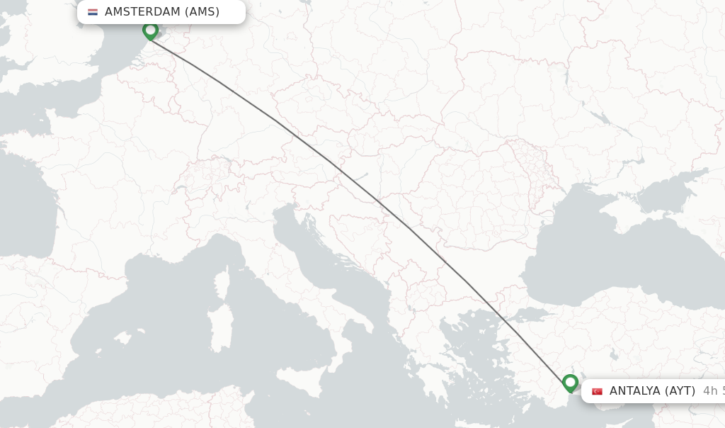 Flights from Amsterdam to Antalya route map