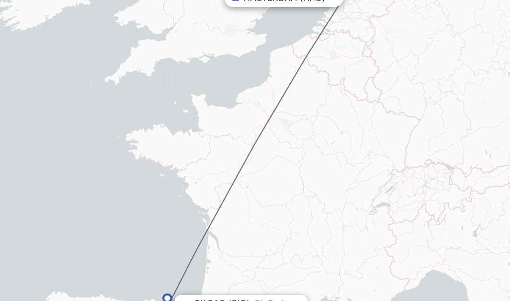 Flights from Amsterdam to Bilbao route map