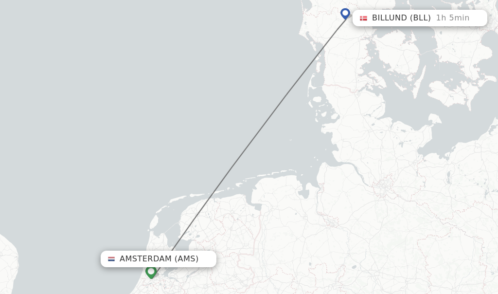 Flights from Amsterdam to Billund route map